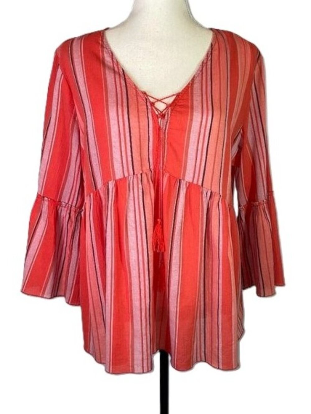 Sanctuary Peasant Striped Bell Sleeve Blouse Lace Up Boho V Neck Size L
